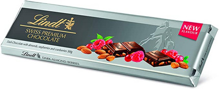 Продуктови Категории Шоколади Lindt Черен шоколад с малини, червени боровинки и бадеми 300 гр